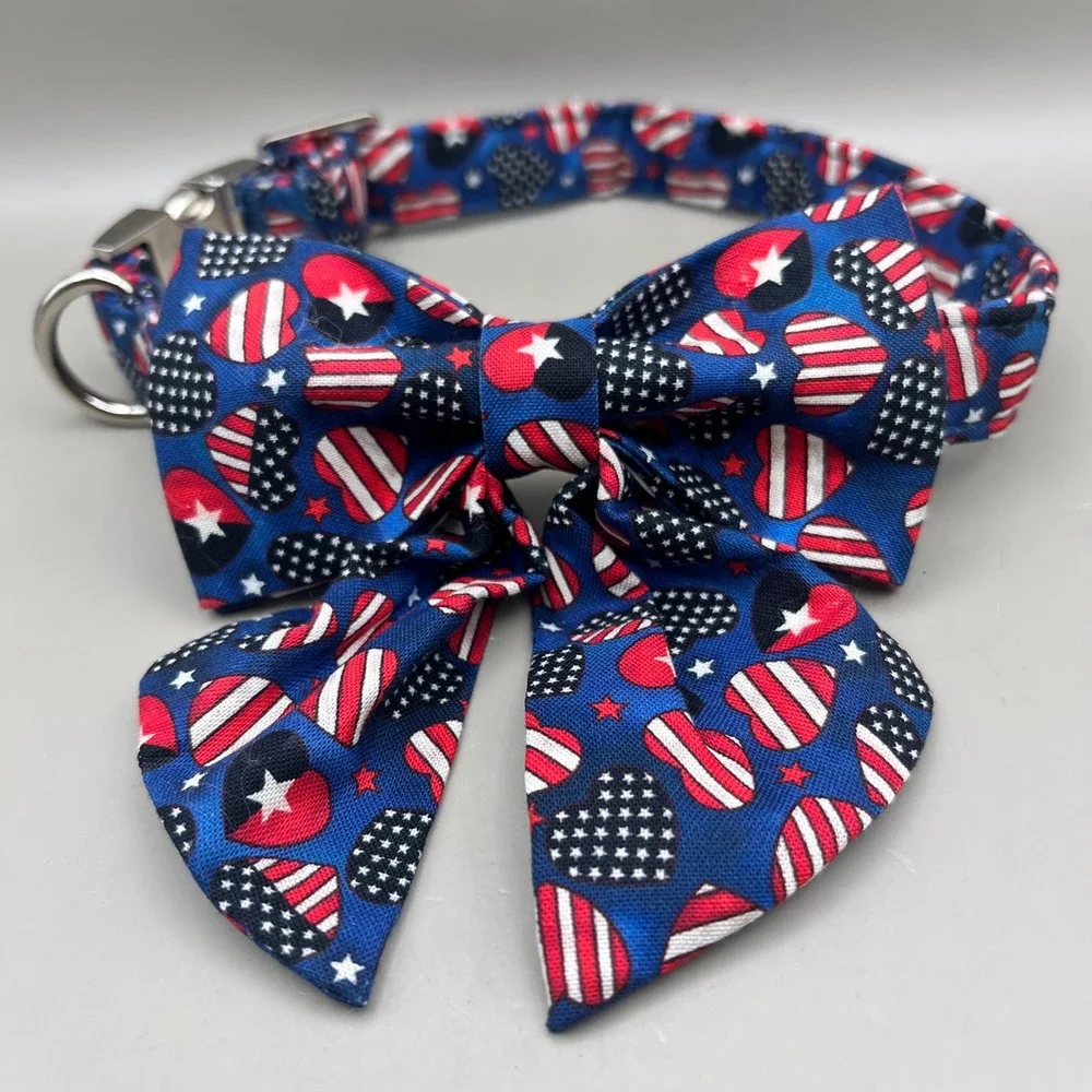 Patriotic Stars Stripes Heart Dog Collar Detachable Bow Tie 15